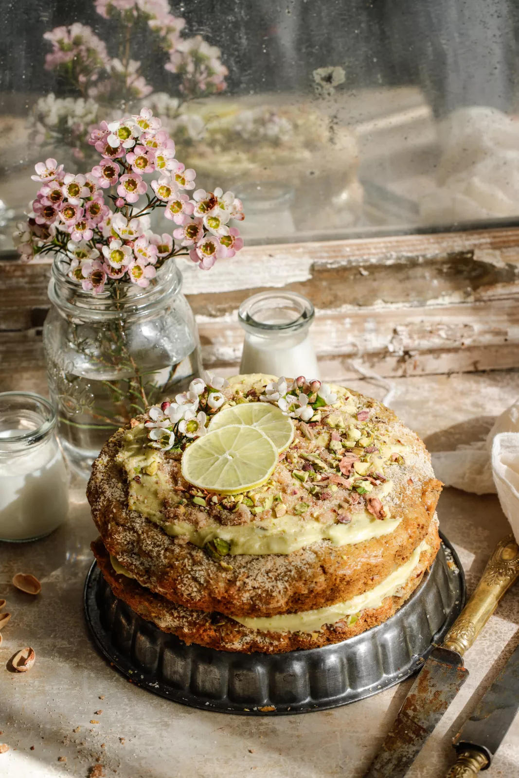 Lime pistachio matcha cake