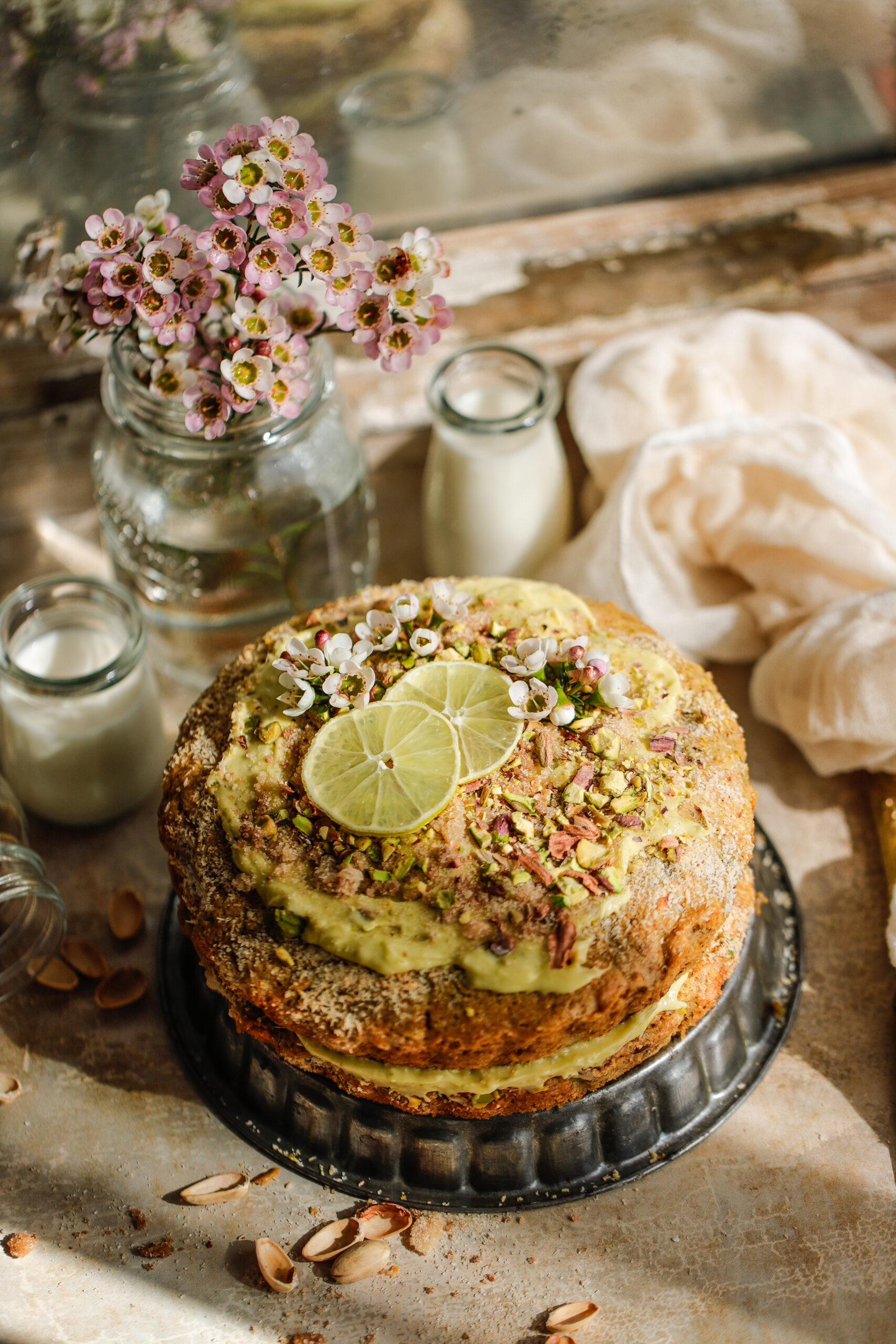 Lime pistachio matcha cake