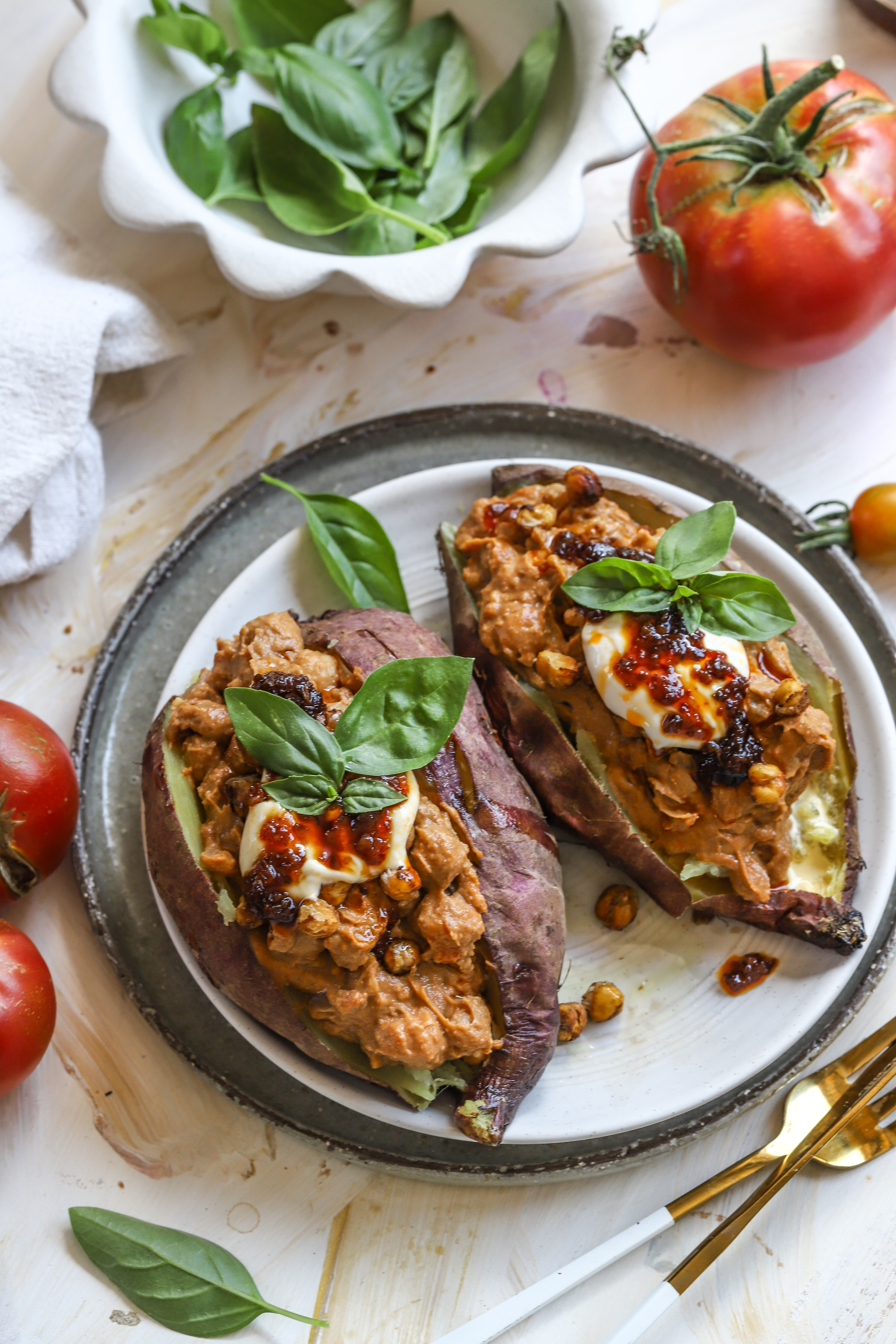 Peanut butter chickpea stuffed sweet potatoes