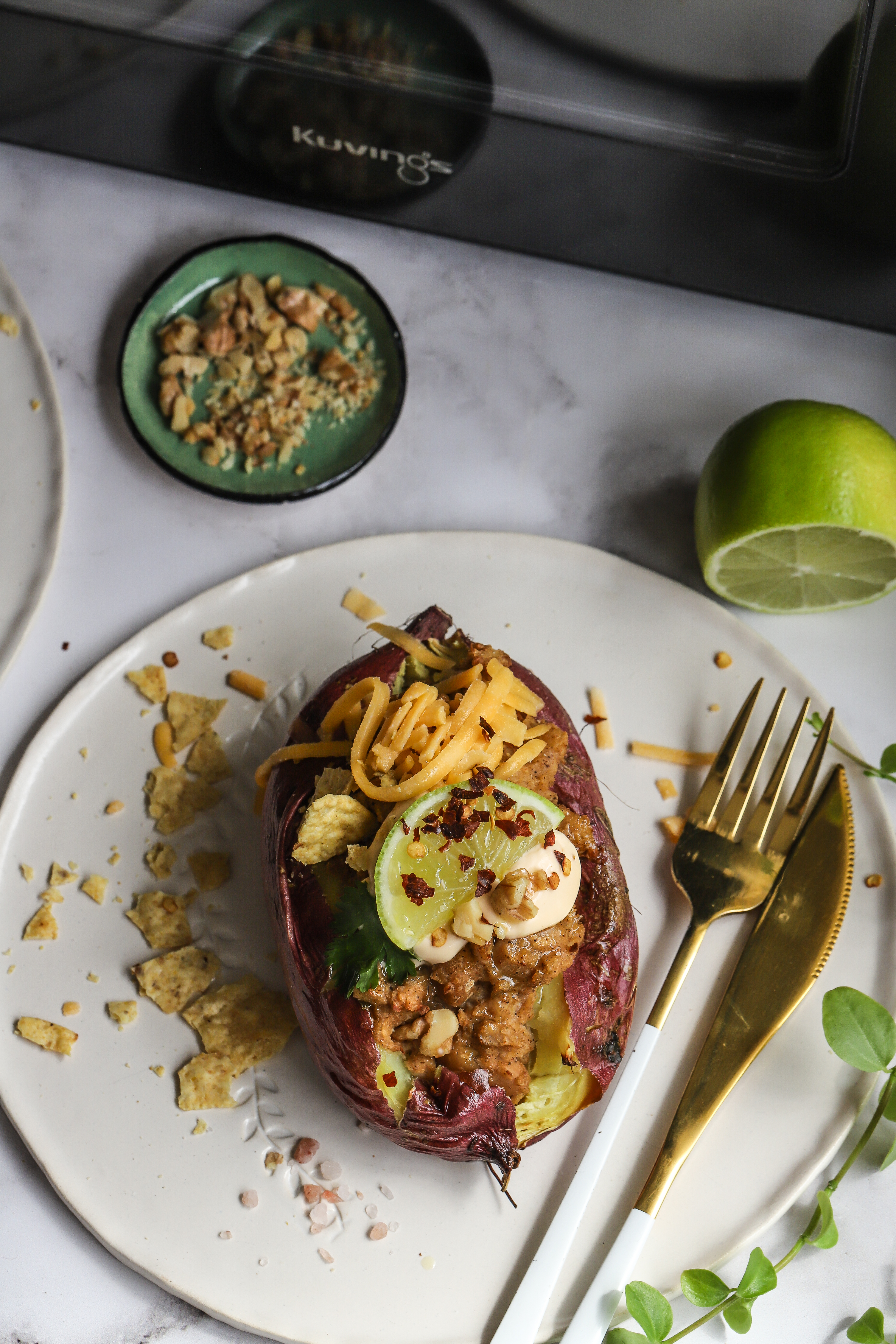 White bean chilli stuffed sweet potatoes