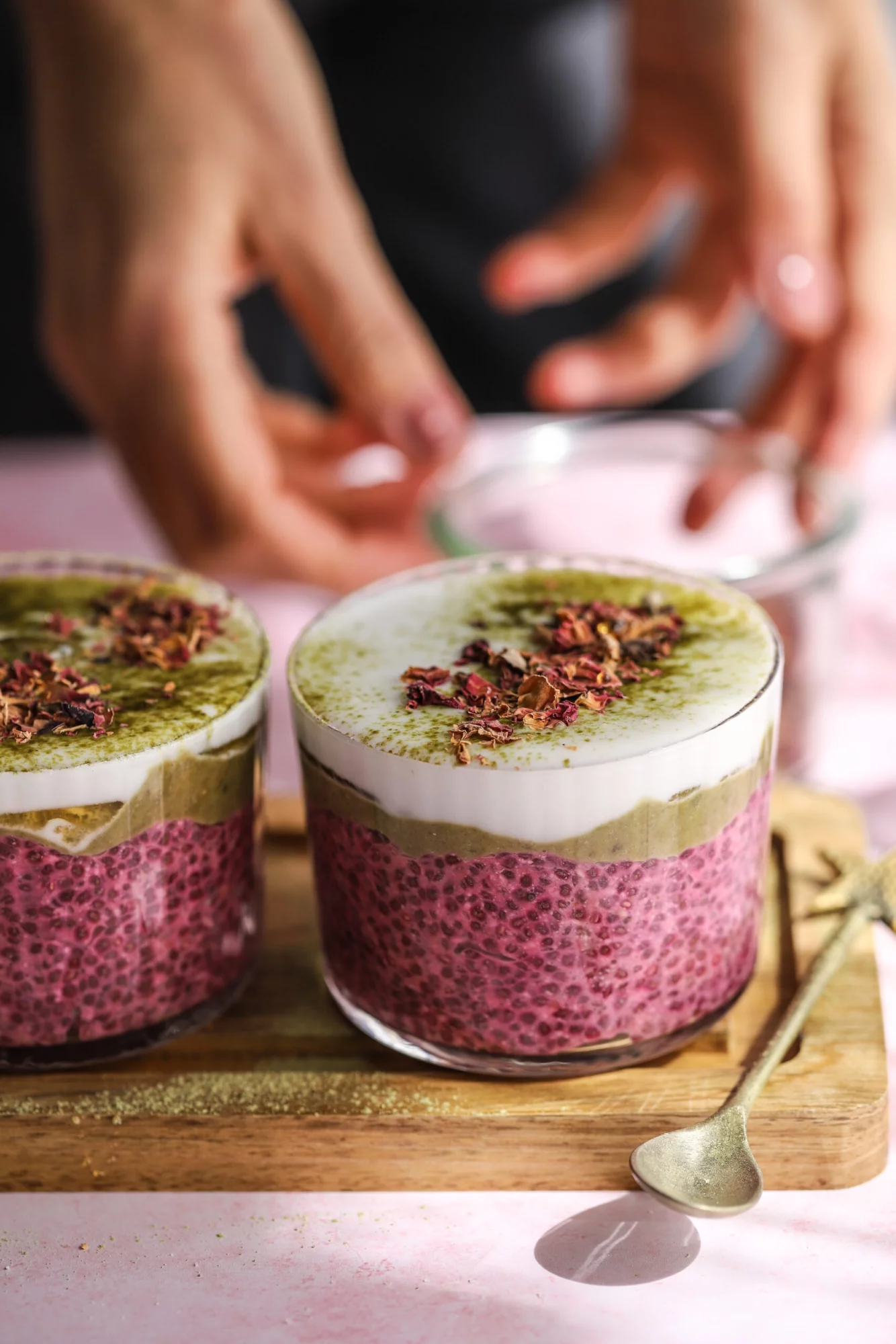 Matcha rose chia puddings